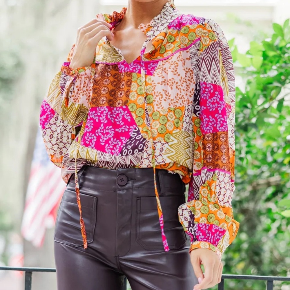 Fate‎ Fuchsia Pink Patchwork Blouse Sz Medium Boho Bold